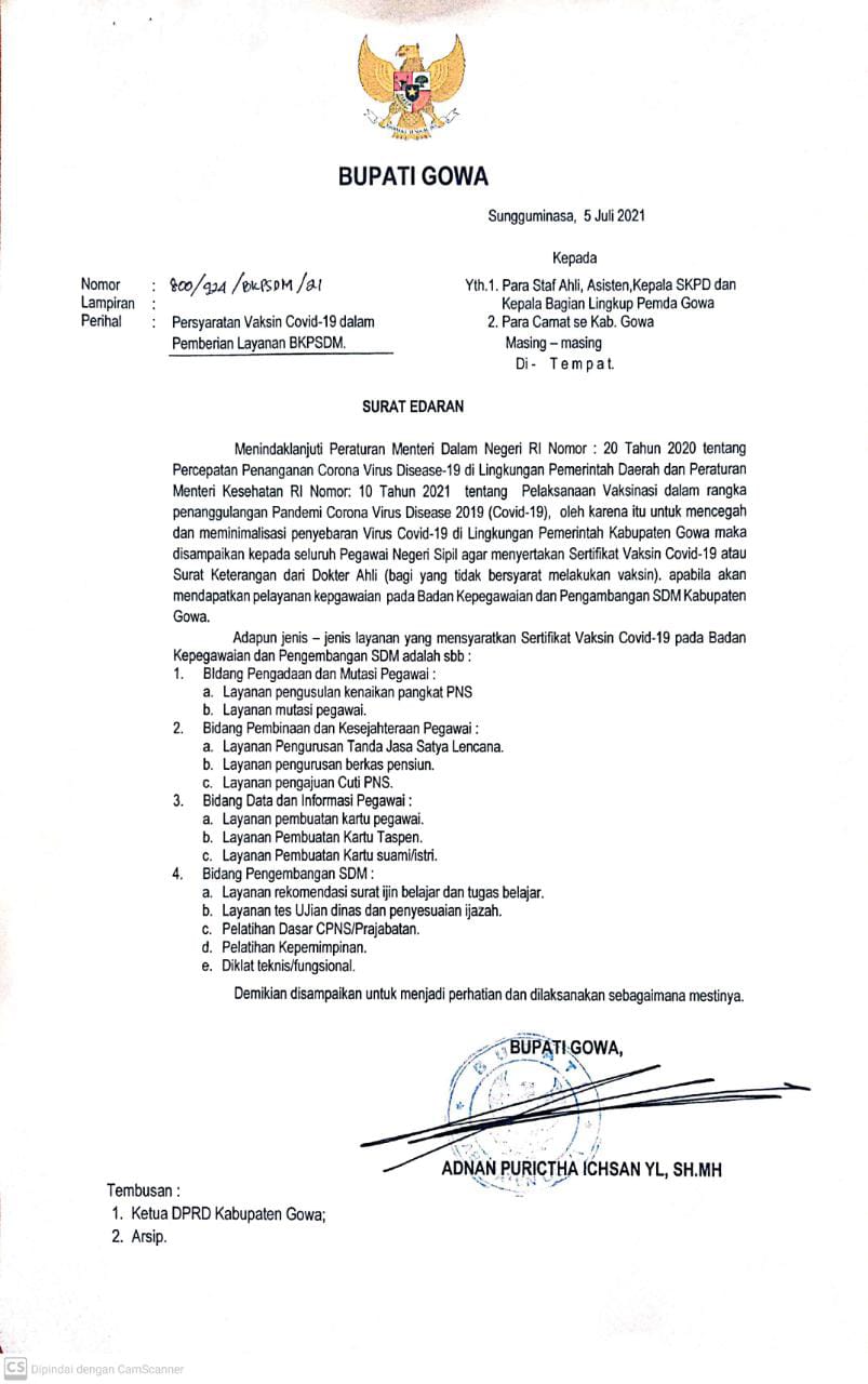 Usul Kenaikan Pangkat, ASN Gowa Harus Lampirkan Sertifikat Vaksin Covid-19